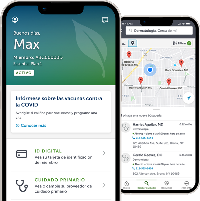 Vistas previas de la aplicación móvil de Healthfirst en un iphone